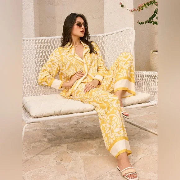 Commense Patterned Mid-Waisted Wide-Leg Pants - Picture 2 of 11